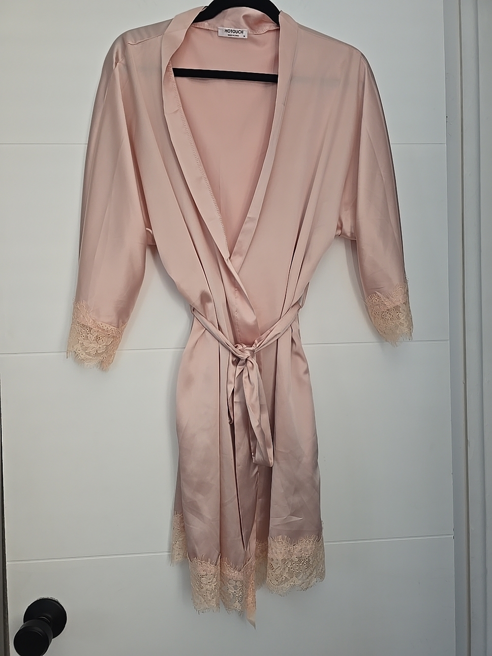 Hotouch Women's Satin Lace Trim Robe Blush Pink Short Kimono Bathrobe Size M